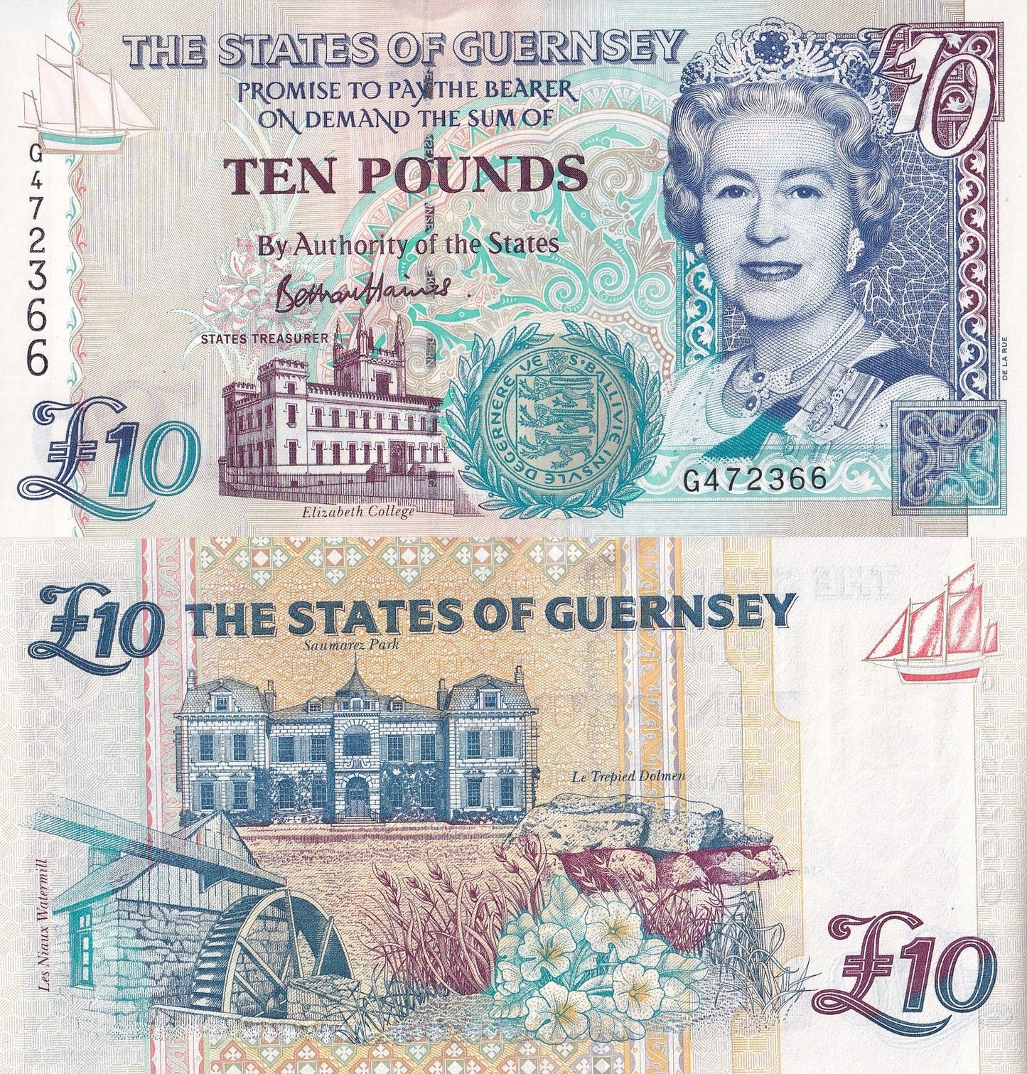 Guernsey 10 Pound ND 1995-2023 P 57d UNC Narrow segmented security thread