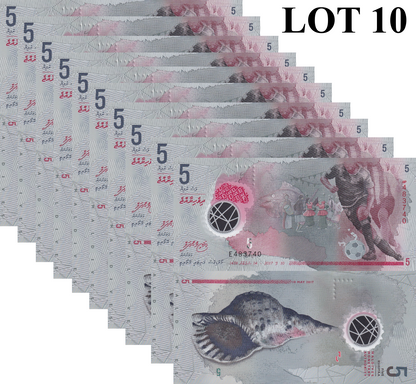 Maldives 5 Rufiyaa 2017 P A26 Polymer UNC 1/10 Bundle Lot 10 pcs