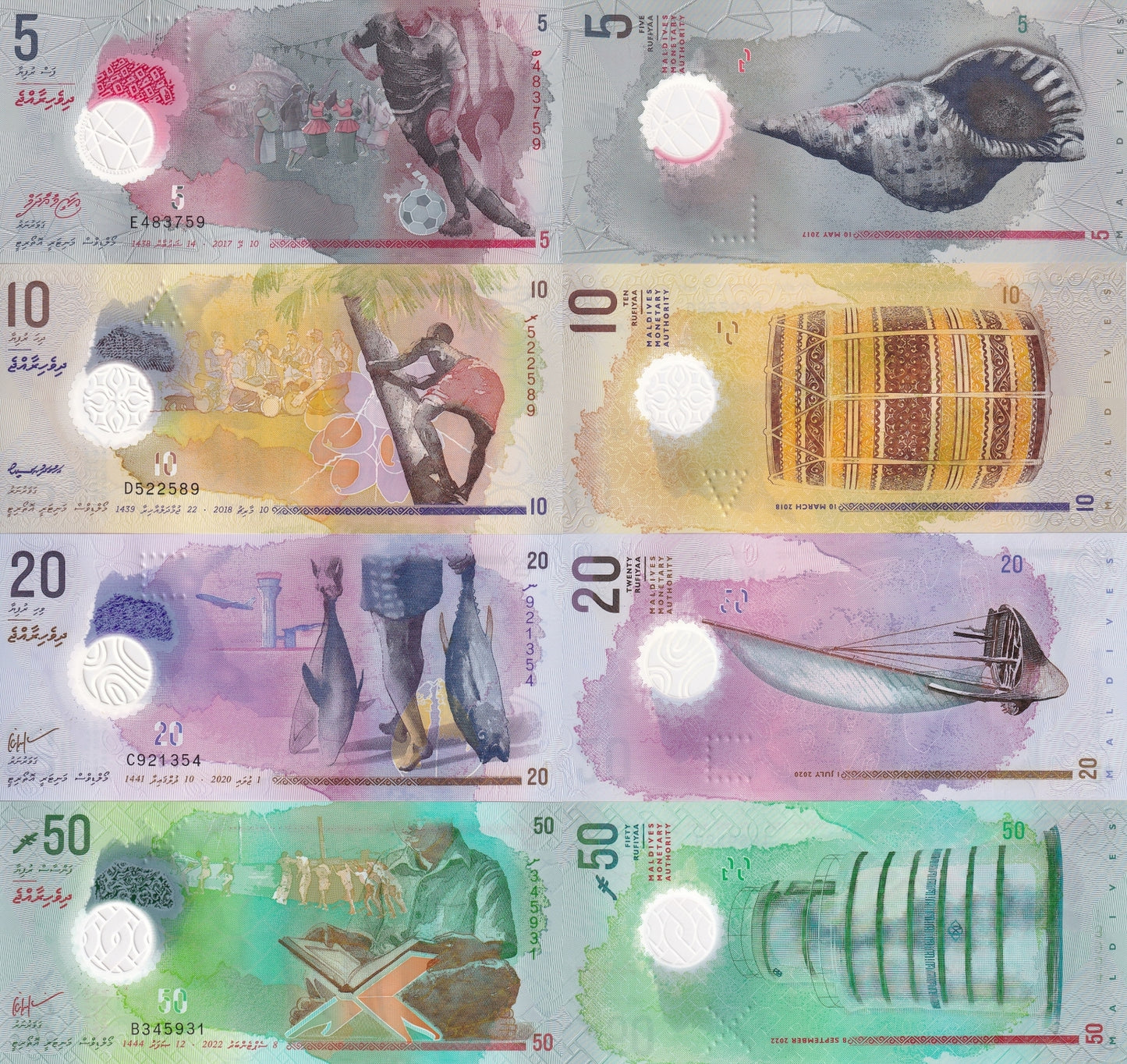 Maldives 5 10 20 50 Rufiyaa 2017-2022 P A26 26-28 Polymer UNC Set 4 pcs
