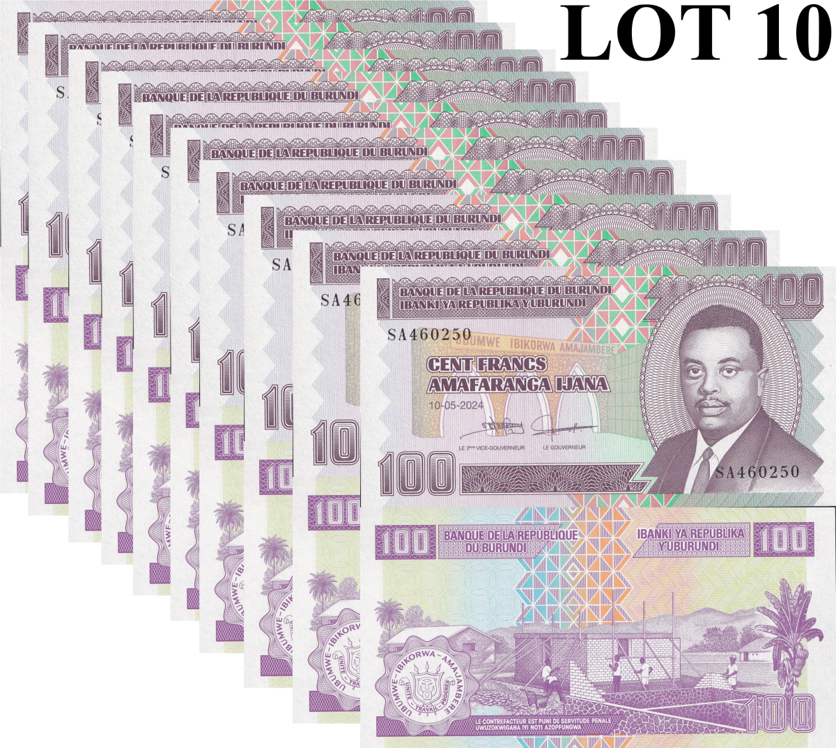 Burundi 100 Francs 2024/2025 P 44 New UNC 1/10 Bundle Lot 10 pcs
