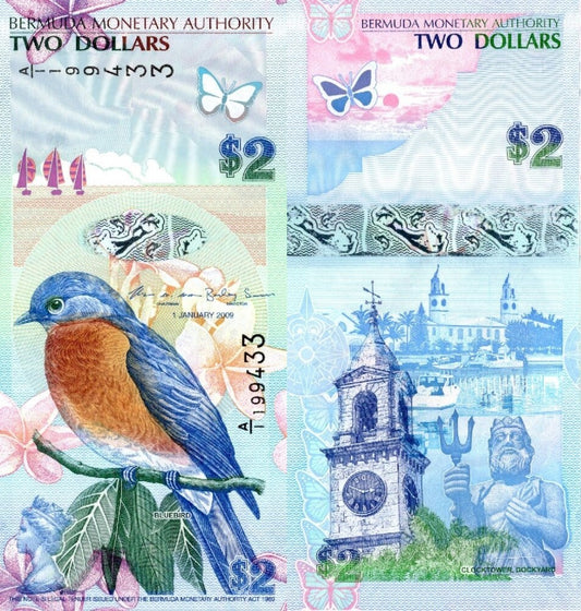 Bermuda 2 Dollars 2009 P 57b Hybrid UNC A/1 Prefix