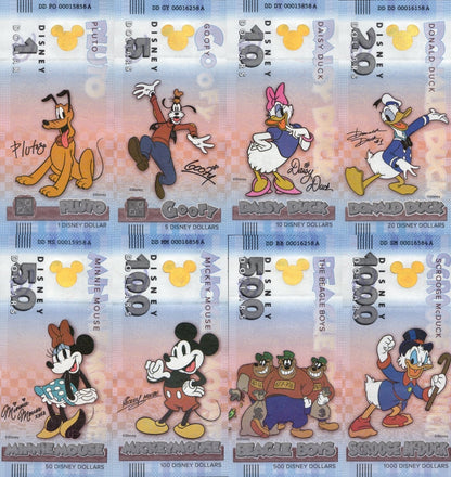 Disney Official Test Note  1 5 10 20 -  1000 2025 Mickey & Frinds UNC Set 8 pcs
