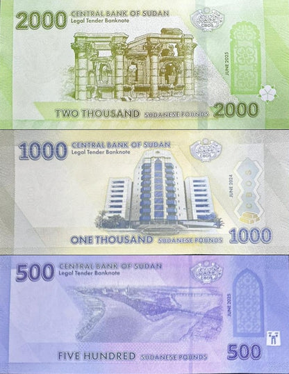 Sudan 500 1000 2000 Pounds 2024 2025 2026 P New Design UNC Set 3 pcs