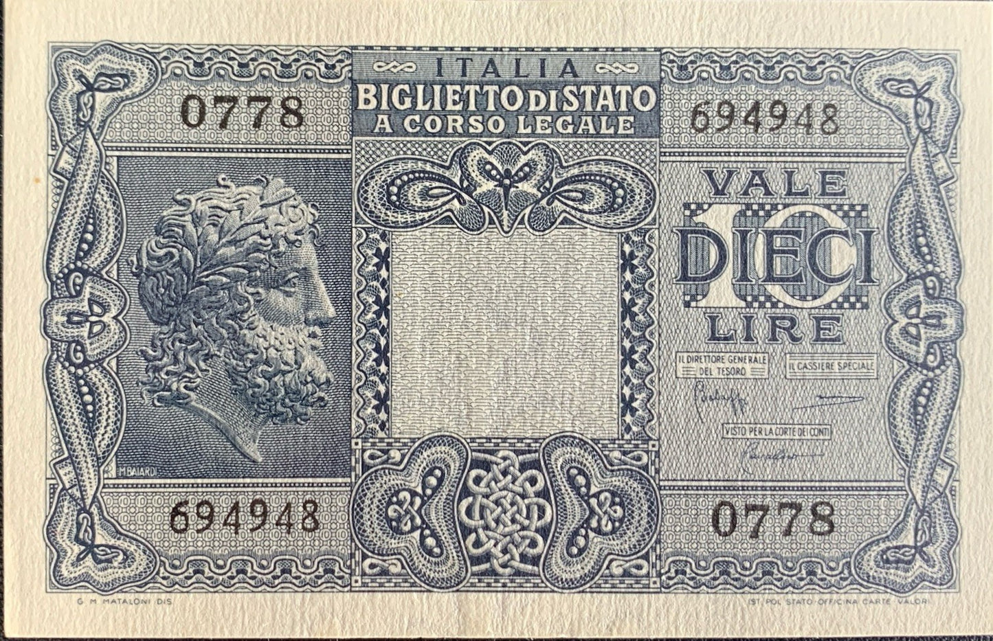Italy Ministero del Tesoro 10 Lire 1944 P 32 UNC