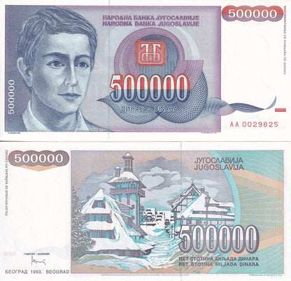 Yugoslavia 500000 Dinara 1993 P 119 UNC AA First Prefix