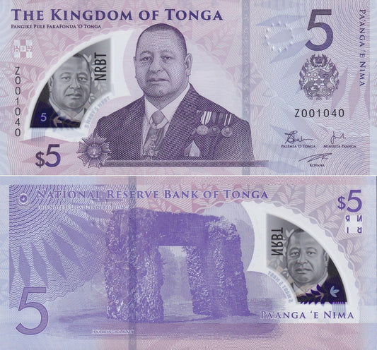 Tonga 5 Pa'anga 2023/2024 P 51 New Design Polymer UNC LOW S/N Z Replacement