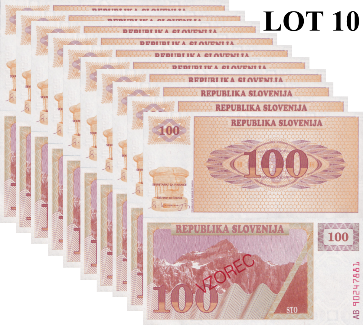 Slovenia 100 Tolarjev 1990 P 6 UNC SPECIMEN 1/10 Bundle Lot 10 pcs