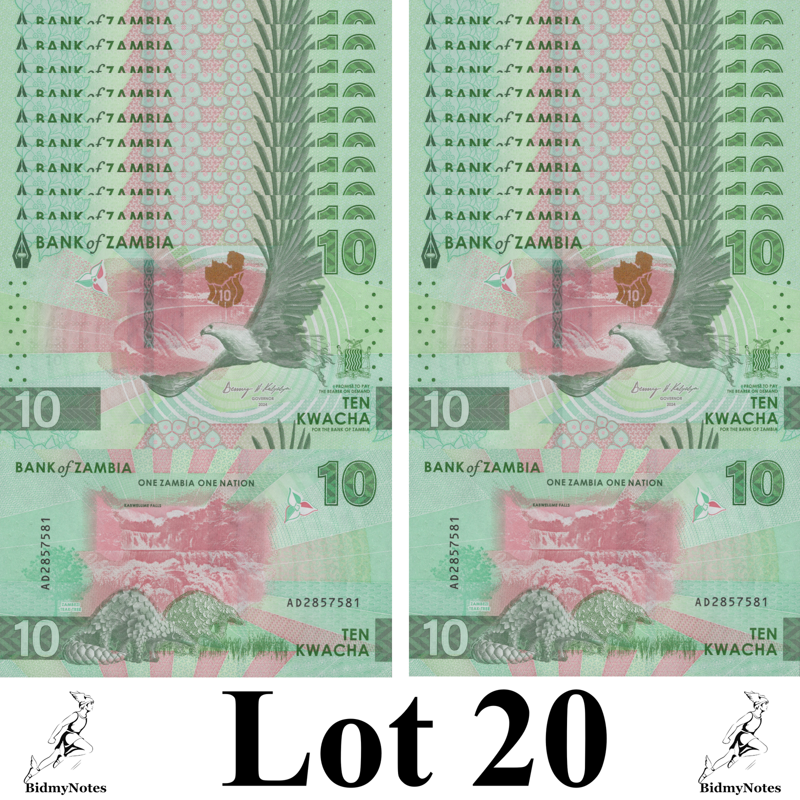 Zambia 10 Kwacha 2024 2025 P New Issue UNC 1/5 Bundle LOT 20 pcs