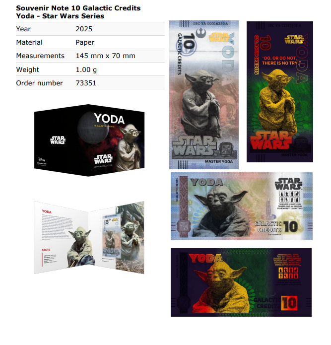 Disney Official Star Wars 10 Galactic Credits 2025 Yoda UNC With Folder