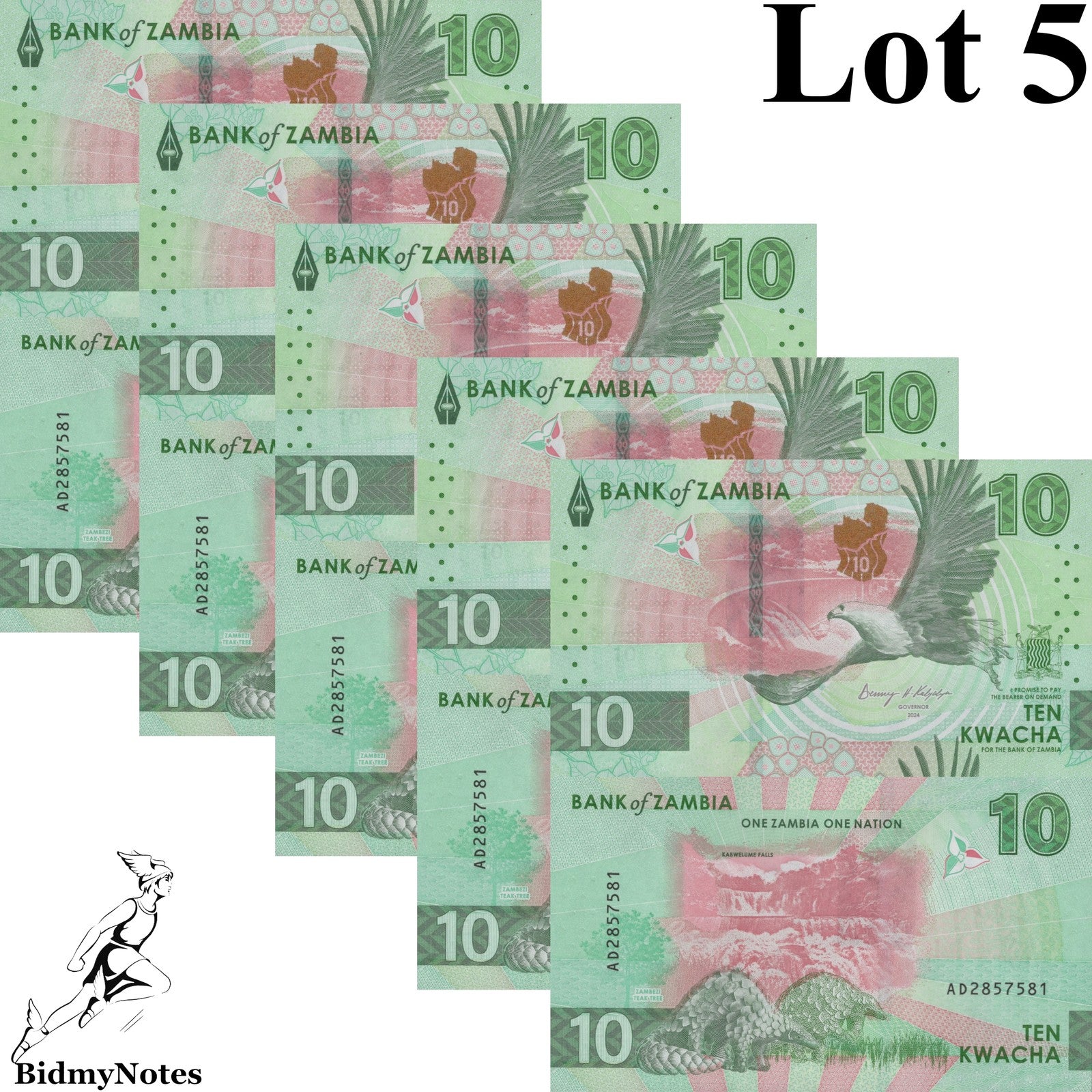 Zambia 10 Kwacha 2024 2025 P New Issue UNC 1/20 Bundle LOT 5 pcs