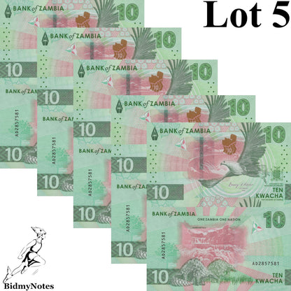 Zambia 10 Kwacha 2024 2025 P New Issue UNC 1/20 Bundle LOT 5 pcs
