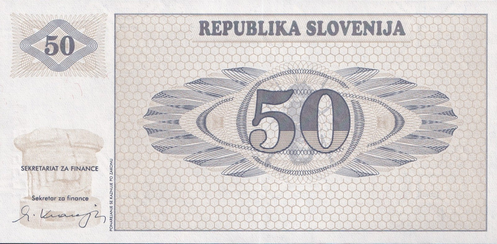 Slovenia 50 Tolarjev 1990 P 5 UNC SPECIMEN
