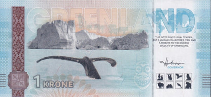 Greenland Souvenir Note 1 Krone Atlantic Puffin UNC Test Note
