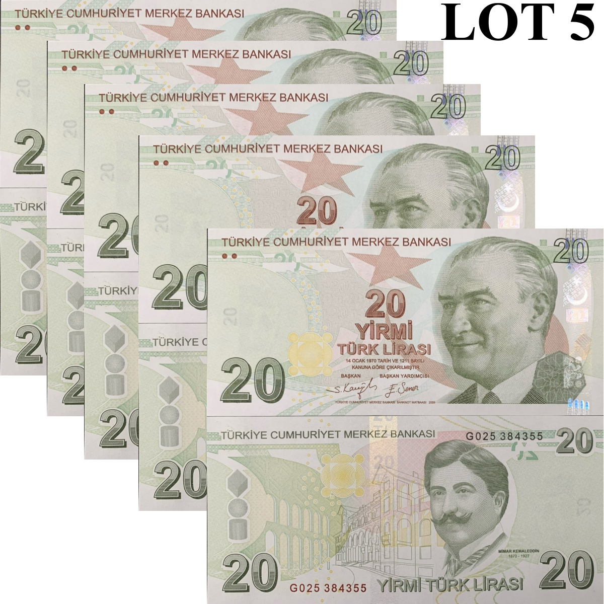 Turkey 20 Turk Lirasi 2009 P 224 UNC 1/20 Bundle Lot 5 pcs