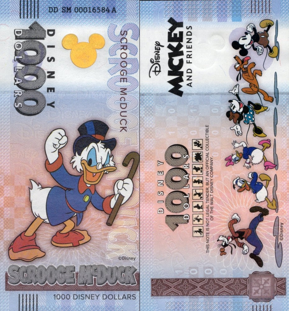 Disney Official Mickey Mouse & Frinds 1000 Dollars 2025 Scrooge Mcduck UNC W/F