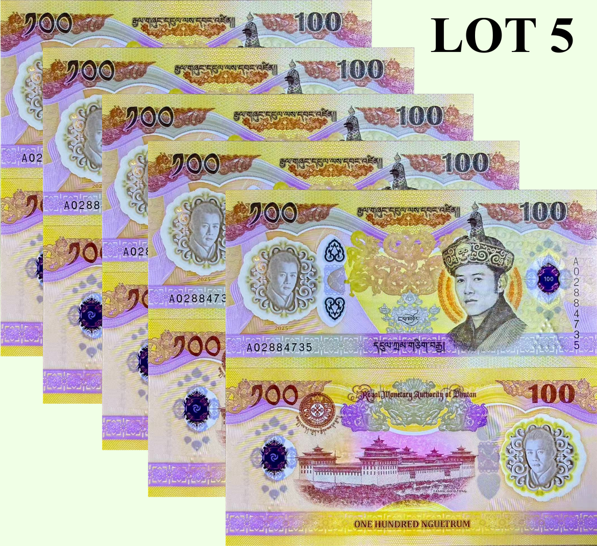 Bhutan 100 Ngultrum 2025 2026 P New Polymer UNC COMM. 1/20 Bundle Lot 5 pcs
