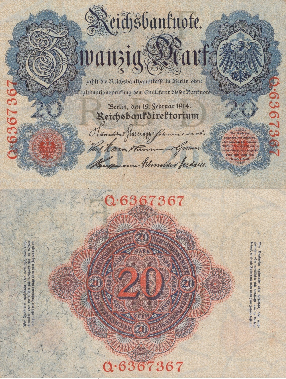 Germany Reichsbank 20 Mark 1914 P 46b UNC