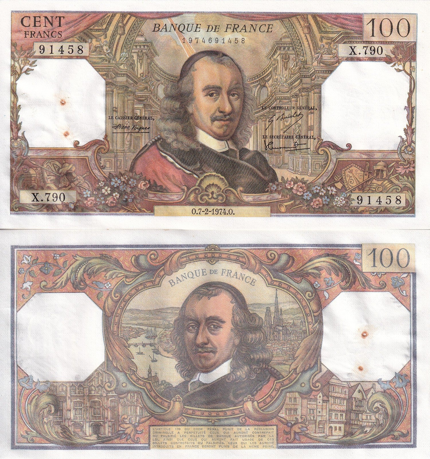 Francs 100 Francs 1974 P 149d AU UNC With Hole Minor Rust