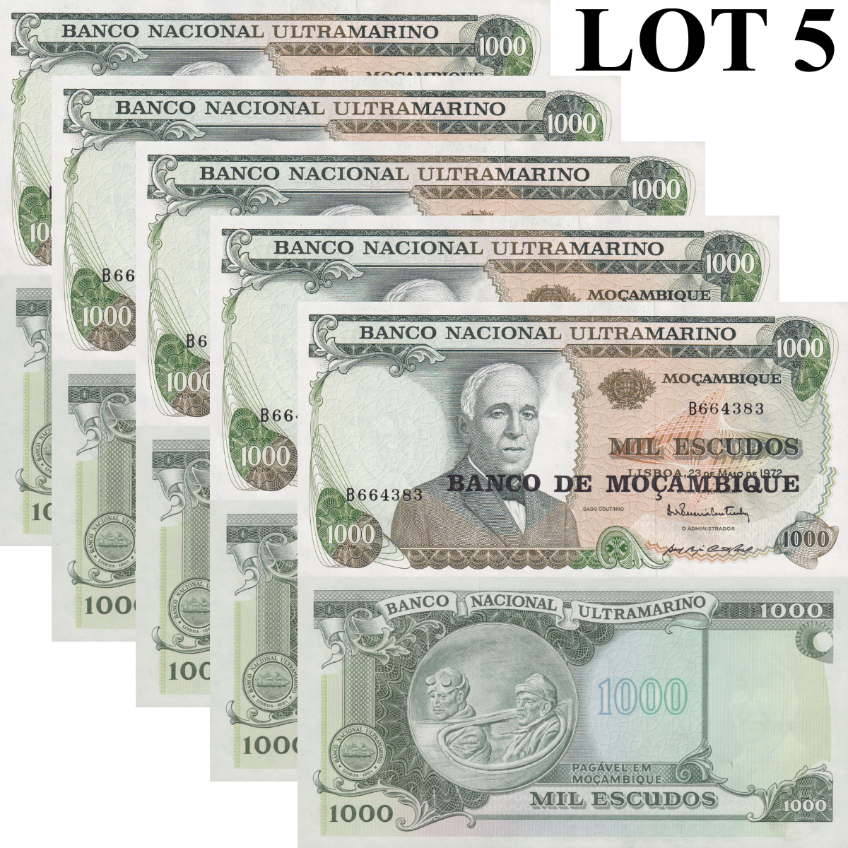 Mozambique 1000 Escudos 1972 (1976) P 119 UNC 1/20 Bundle Lot 5 pcs