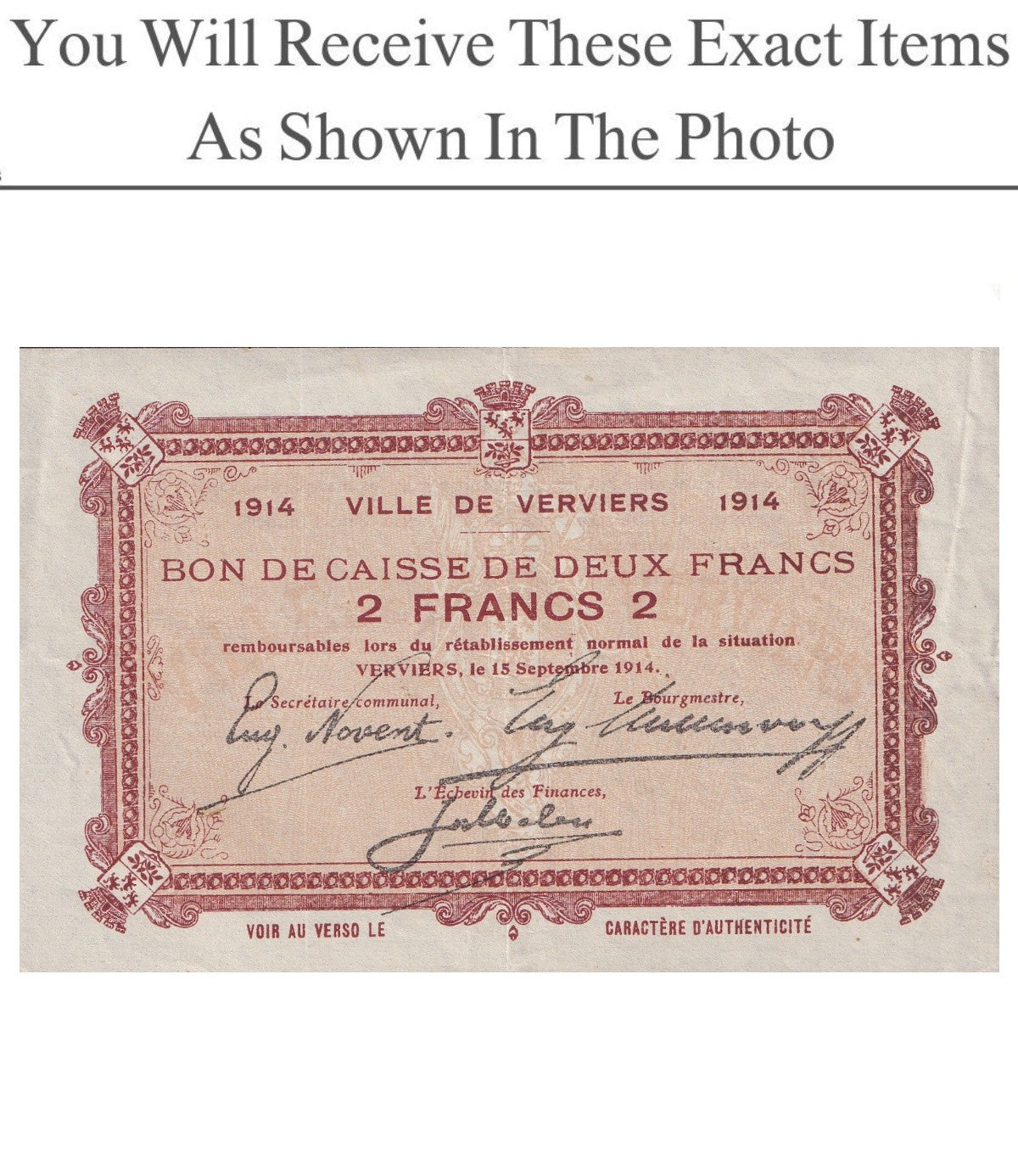 Belgium Notgeld VERVIERS 2 Francs 1914