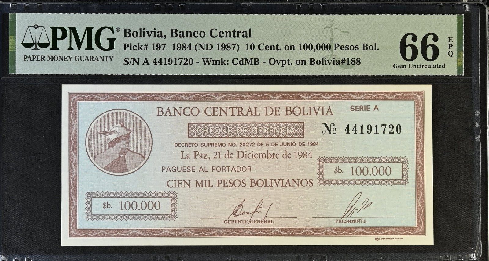 Bolivia 10 Cent on 100000 Pesos Bol 1984 (ND 1987) P 197 UNC PMG 66 EPQ