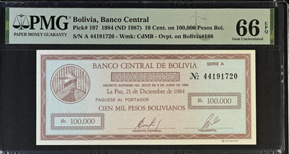 Bolivia 10 Cent on 100000 Pesos Bol 1984 (ND 1987) P 197 UNC PMG 66 EPQ