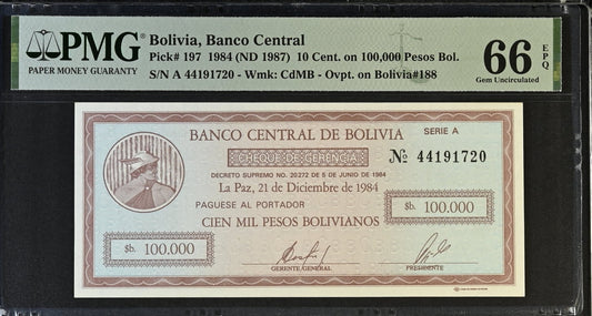 Bolivia 10 Cent on 100000 Pesos Bol 1984 (ND 1987) P 197 UNC PMG 66 EPQ