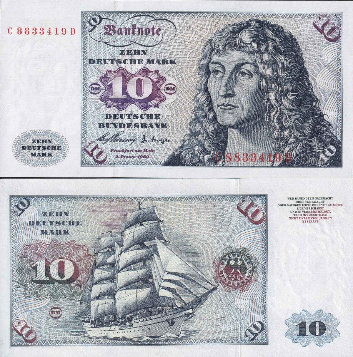 Germany 10 Deutsche Mark 1960 P 19 UNC