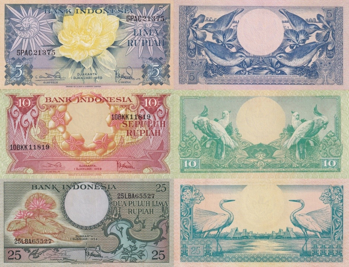Indonesia 5 10 25 Rupiah 1959 P 65 66 67 Flower Birds UNC MINOR FOXING Set 3 pcs