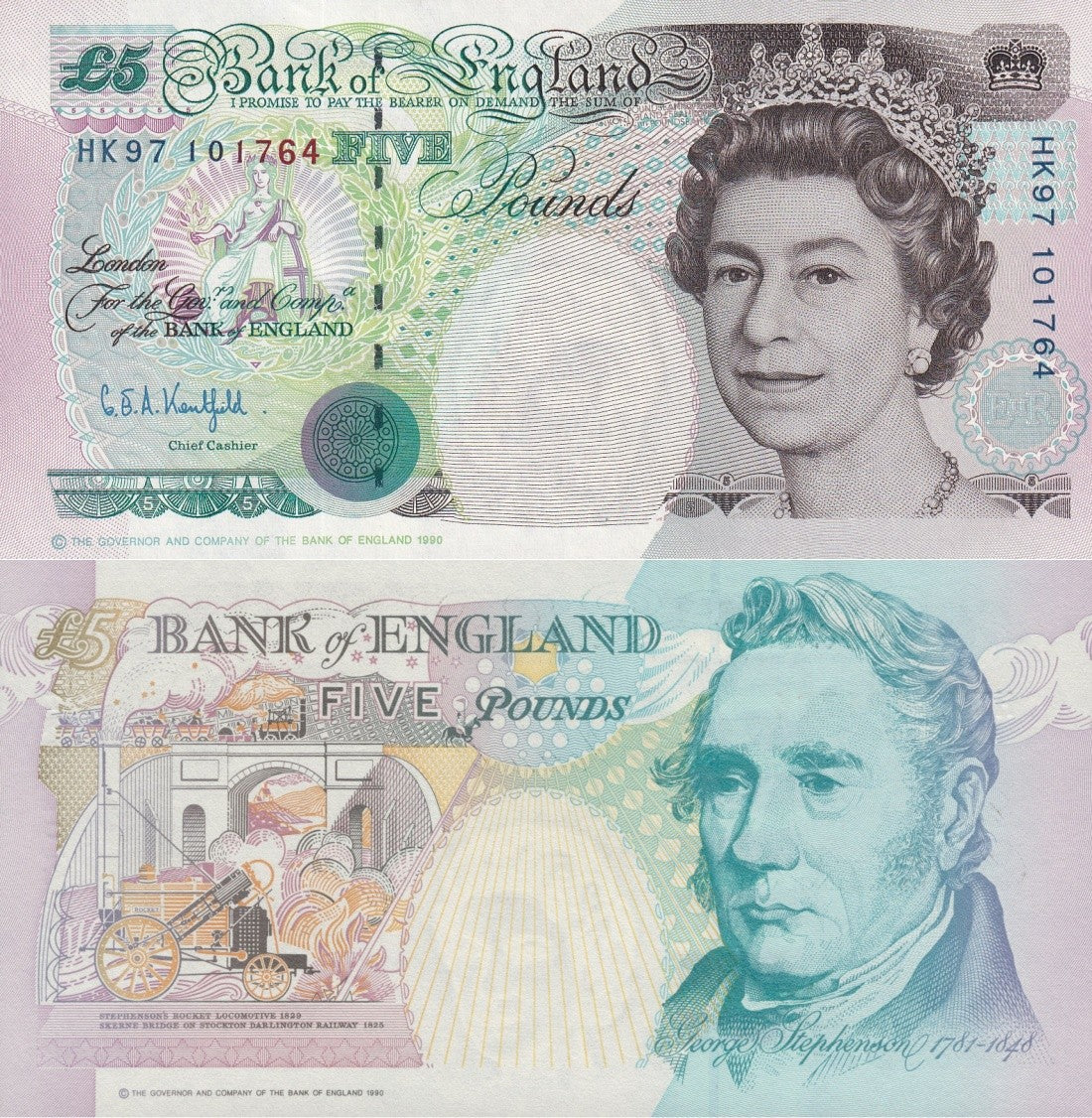 Great Britain 5 Pounds 1990 P CS7 UNC COMM. Prefix HK Queen Elizabeth ll