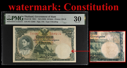 Thailand Government of Siam 20 Baht ND (1939) P 36 VF PMG 30 Wmk Constitution