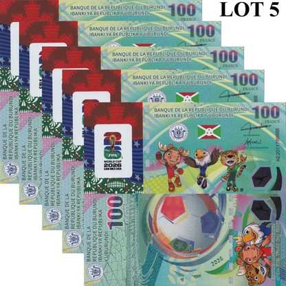 Burundi 2026 1000 Francs FIFA World Cup Mascot Polymer Test Note COMM. Lot 5 pcs