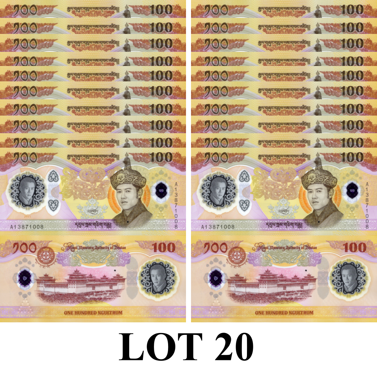 Bhutan 100 Ngultrum 2025 / 2026 P NEW Polymer UNC COMM. 1/5 Bundle Lot 20 pcs