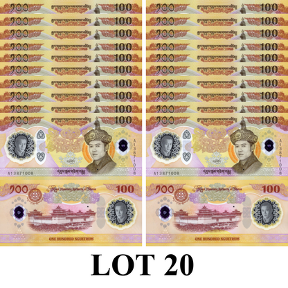 Bhutan 100 Ngultrum 2025 / 2026 P NEW Polymer UNC COMM. 1/5 Bundle Lot 20 pcs