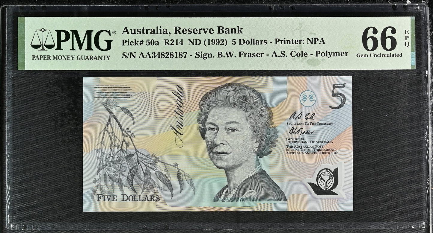 Australia 5 Dollars ND (1992) P 50a Polymer UNC PMG 66 EPQ AA First Prefix