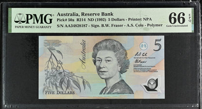 Australia 5 Dollars ND (1992) P 50a Polymer UNC PMG 66 EPQ AA First Prefix