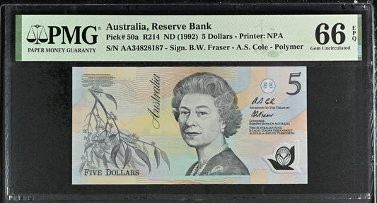 Australia 5 Dollars ND (1992) P 50a Polymer UNC PMG 66 EPQ AA First Prefix