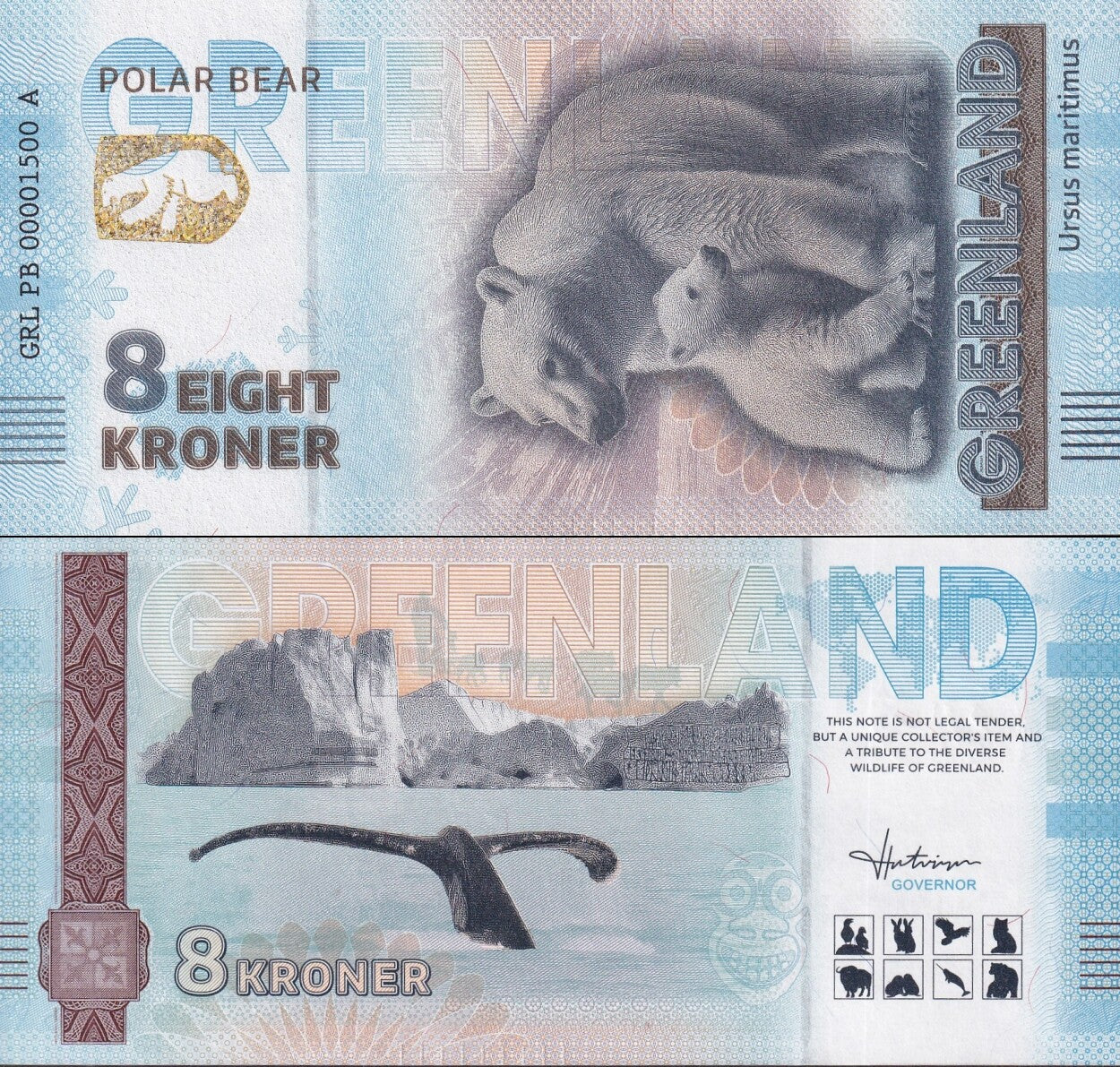 Greenland Souvenir Note 8 Krone Polar Bear UNC Test Note