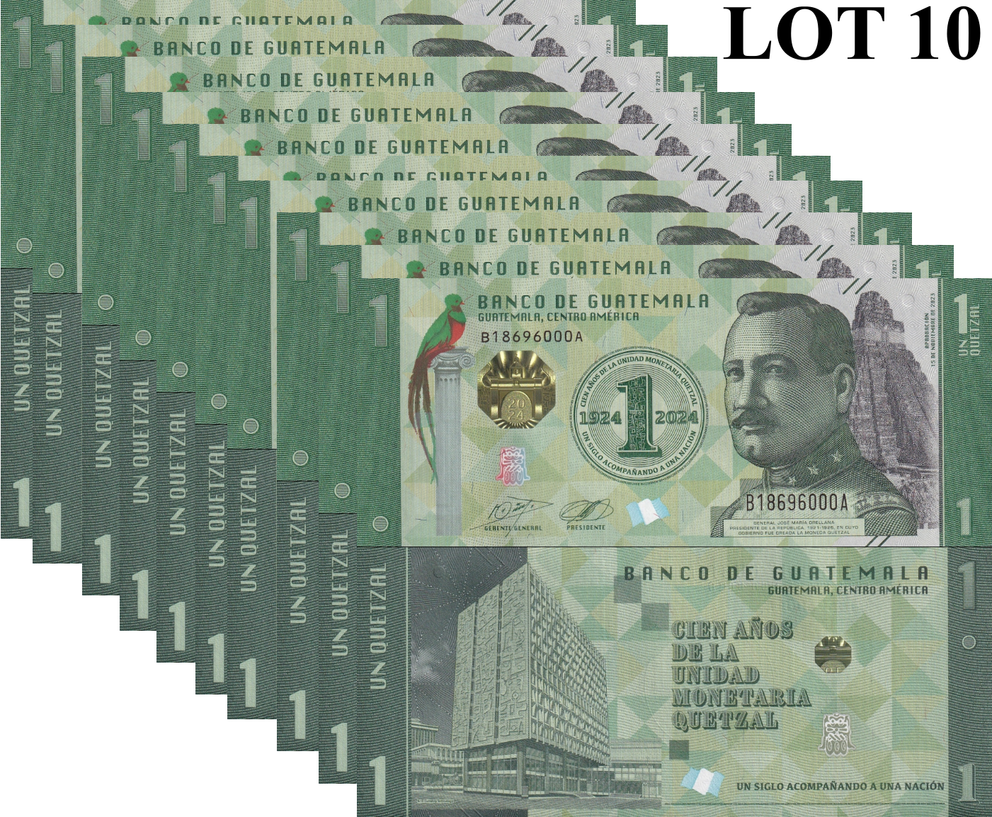 Guatemala 1 Quetzal 2023 2024 P 129 New Design UNC COMM. 1/10 Bundle Lot 10 pcs