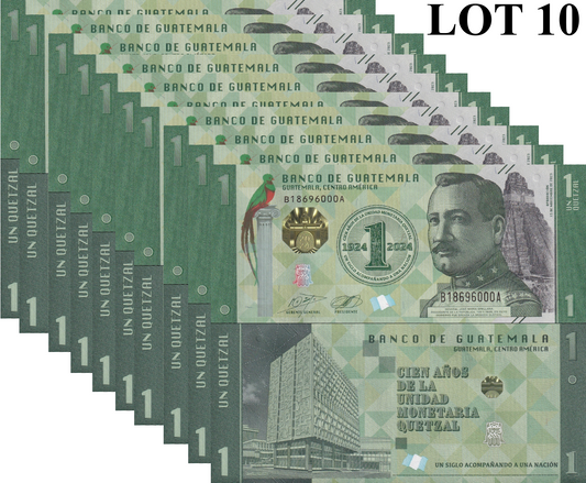Guatemala 1 Quetzal 2023 2024 P 129 New Design UNC COMM. 1/10 Bundle Lot 10 pcs