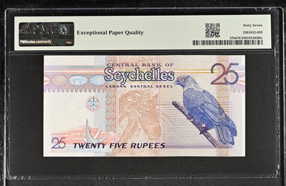 Seychelles Central Bank 25 Rupees ND 1998-2008 P 37b UNC PMG 67 EPQ 2nd TOP POP