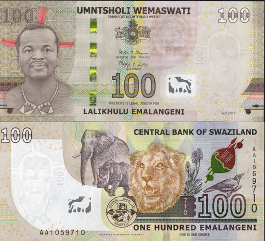 Swaziland 100 Eswatini 2017 P 42 UNC AA Frist Prefix