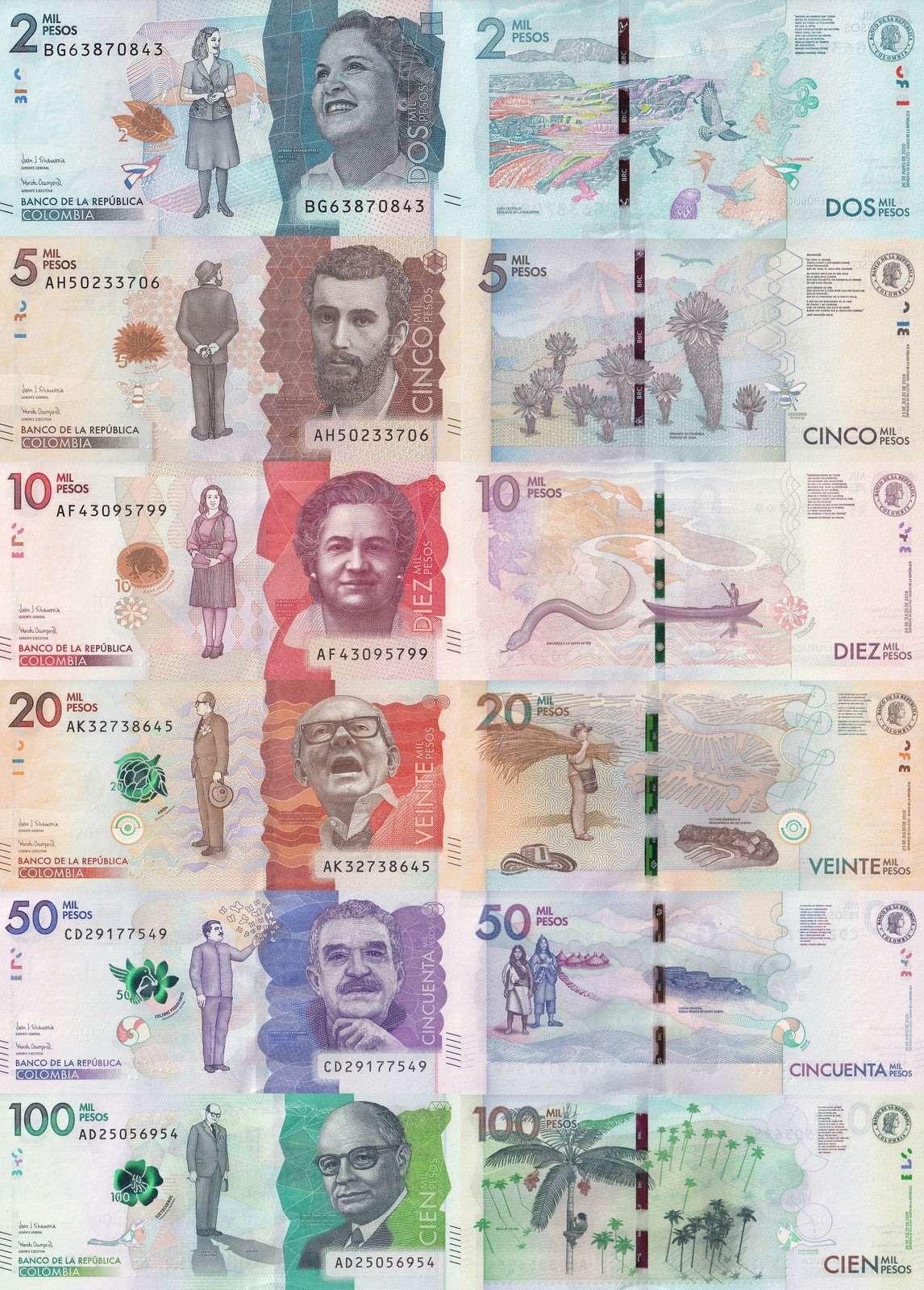 Colombia 2 5 10 20 50 100 Pesos 2020-2021 P 458 459 460 461-463 UNC Set 6 pcs