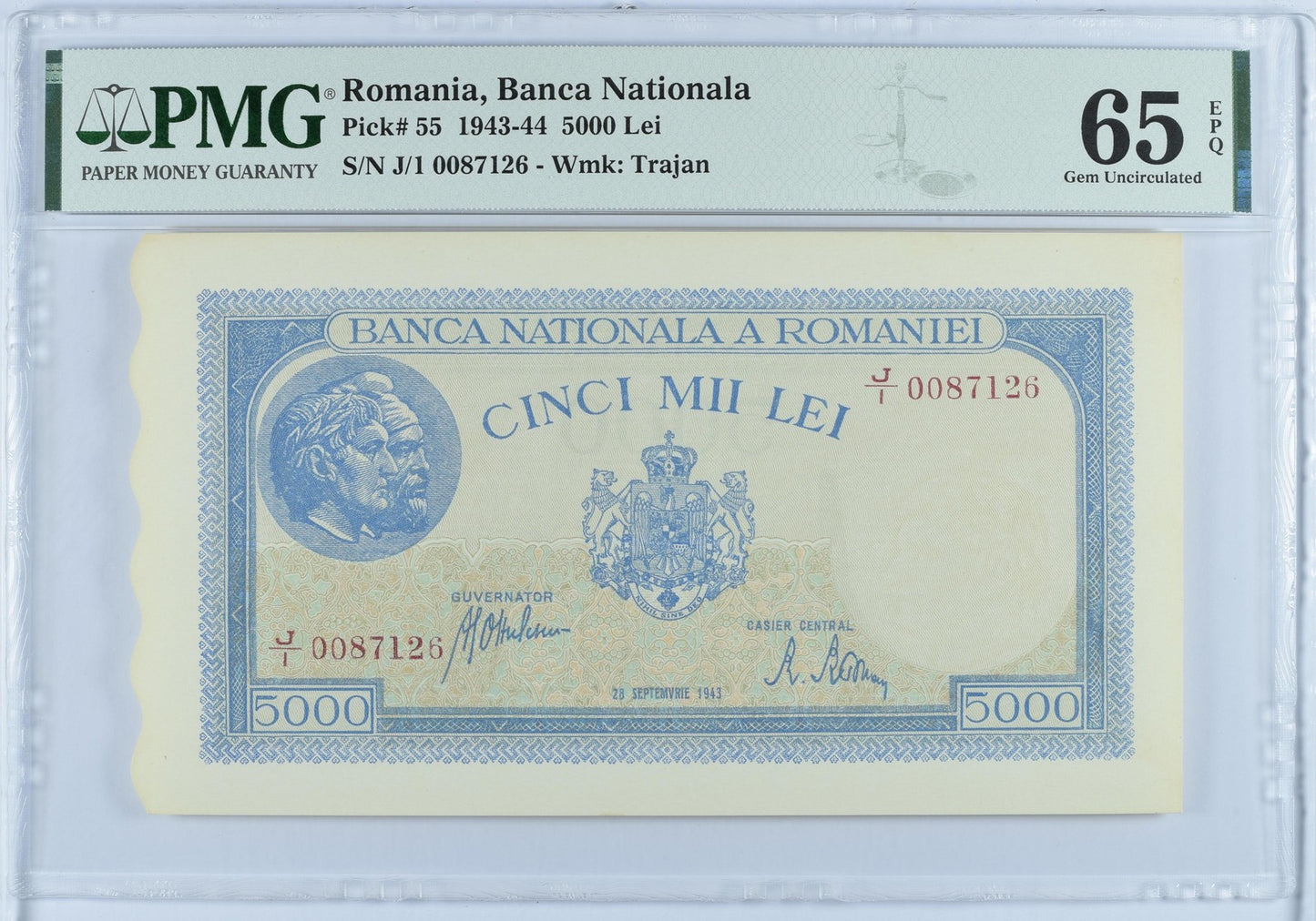 Romania Banca Nationala 5000 Lei 1943-44 P 55 UNC PMG 65 EPQ