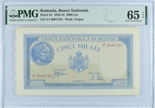 Romania Banca Nationala 5000 Lei 1943-44 P 55 UNC PMG 65 EPQ
