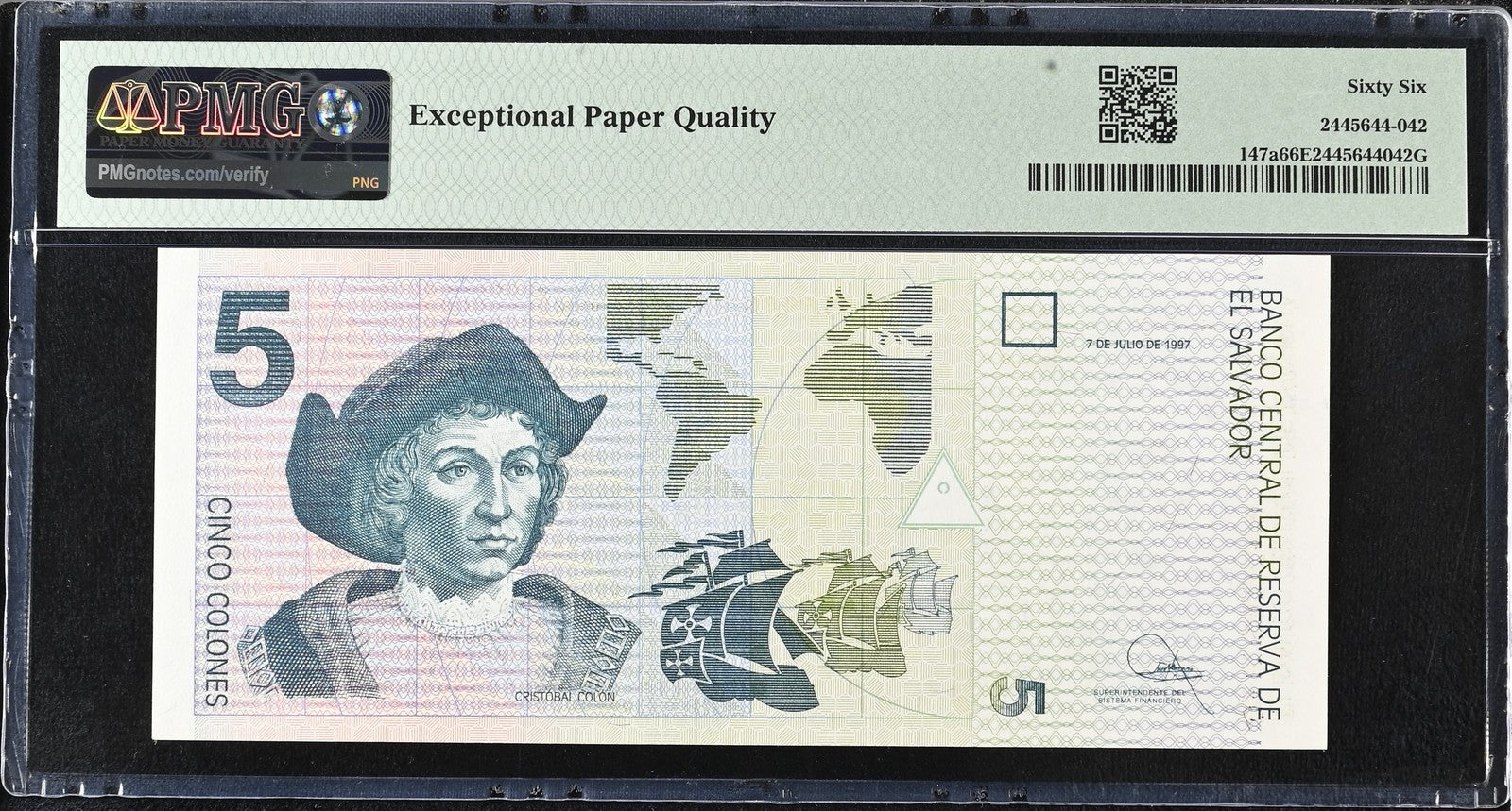 El Salvador Banco Central de Reserva 5 Colones 1997 P 147a UNC PMG 66 EPQ