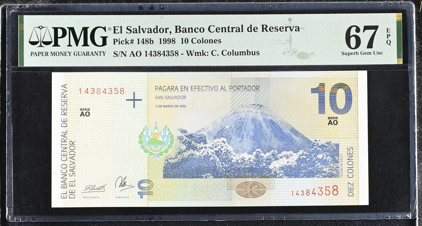 El Salvador 10 Colones 1998 P 148b UNC PMG 67 EPQ 2nd TOP POP