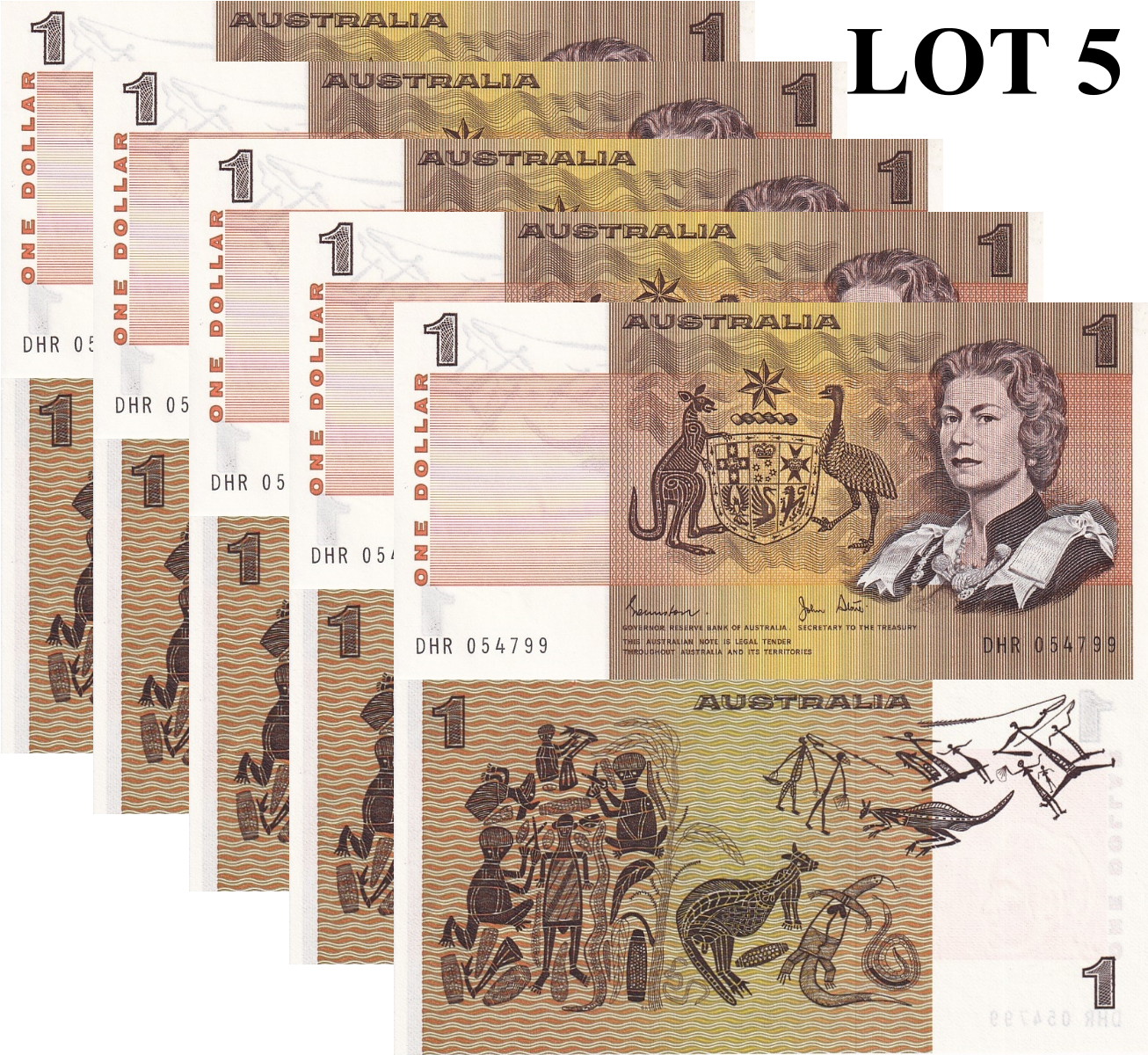 Australia1 Dollar 1974-1983 P 42 QEll Random Sign UNC 1/20 Bundle Lot 5 pcs