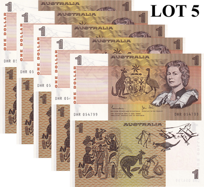 Australia1 Dollar 1974-1983 P 42 QEll Random Sign UNC 1/20 Bundle Lot 5 pcs