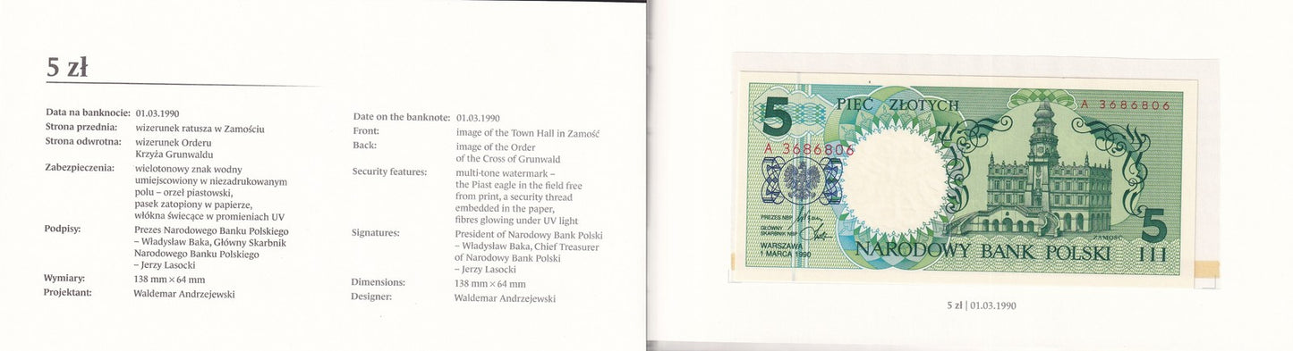 Poland 1 2 5 10 20-500 Zloty 1990 P 164 165-172 UNC Set 9 pcs With Folder